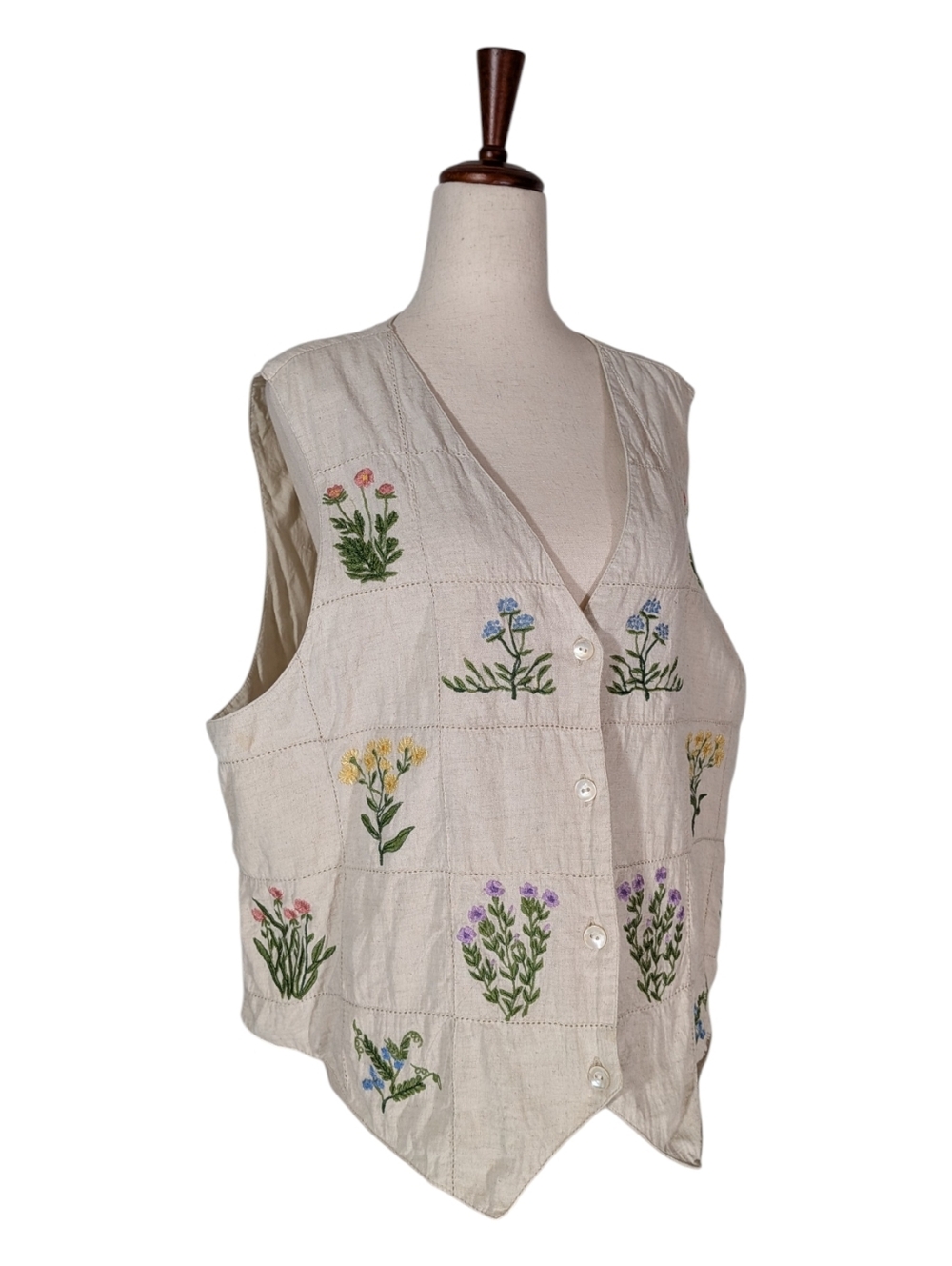 Cream Linen Embroidered Floral Button-Front Vest